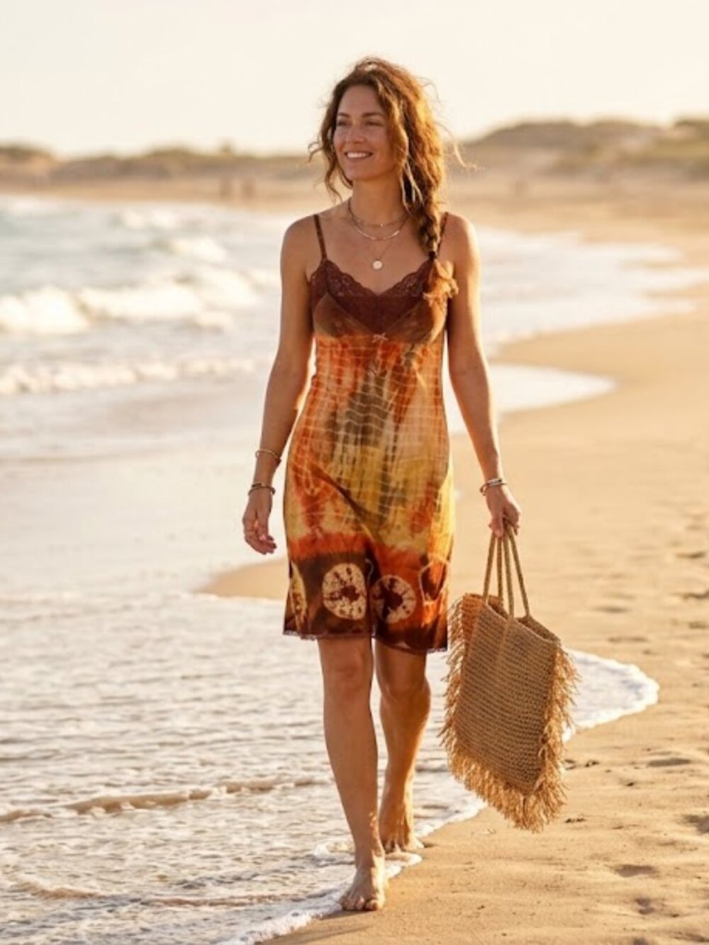 Vintage Hand Tie-Died Slip Dress - Orange/Brown Earthy Boho S/M